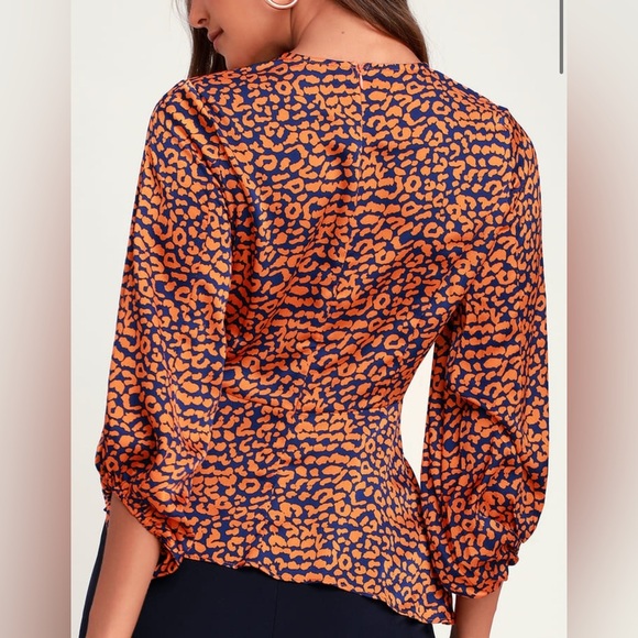 LULUS Color Me Wild Orange and Navy Blue Leopard Print Peplum Top size M. NWOT - Picture 11 of 12
